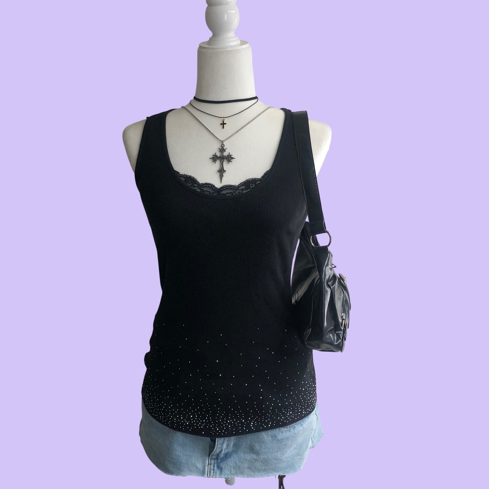 Vintage Y2K Express Black Ribbed Rhinestone Bedazzled Hem Tank Top Womens M